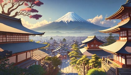 a beautiful japanese village city town in the morning buddhist temple shinto shrine anime comics artstyle cozy lofi asian architecture mount fuji in background 16 9 4k resolution  - obrazy, fototapety, plakaty
