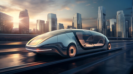 A futuristic silver autonomous car in a smart city race. - obrazy, fototapety, plakaty