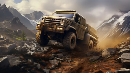 A brown off-road truck conquering rocky terrain. - obrazy, fototapety, plakaty