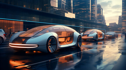 A futuristic silver autonomous car in a smart city race. - obrazy, fototapety, plakaty