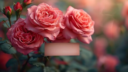 Blurred background with three roses of pink color. Copy space for your text. Mock up template. Can be used for wallpaper, wedding card, web page banner : Generative AI