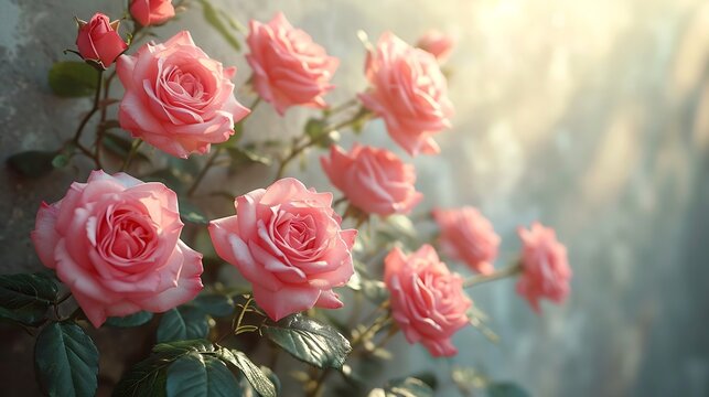 Bouquet of pink roses on the background of a wall in a room in daylight. Mother day. Floral background. Holiday postcard mockup. Soft selective focus. Space for text. Banner. Copy spac : Generative AI