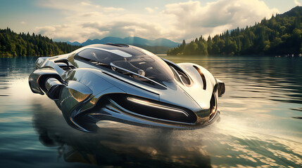 A futuristic silver hovercraft racing above the water. - obrazy, fototapety, plakaty