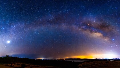 Fototapeta na wymiar amazing panorama blue night sky milky way and star on dark background universe filled with stars nebula and galaxy with noise and grain photo by long exposure and select white balance selection focus