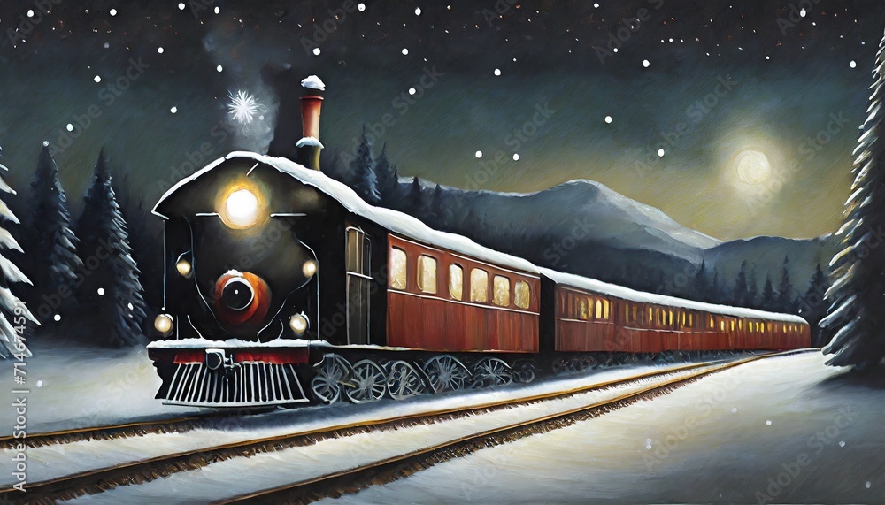 Wall mural an evening train passes through a winter landscape 