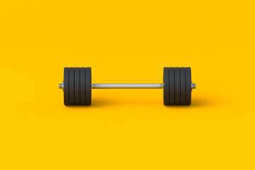 One barbell on yellow background. Sports training. Physical exercise. Bodybuilding and powerlifting. Gym equipment. 3d render - obrazy, fototapety, plakaty