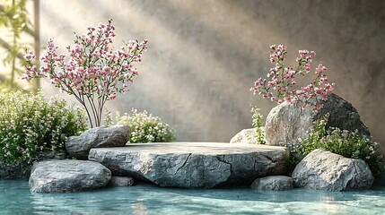 Composition empty podium material tree stone dry flowers. Product presentation. Background beige green. Beautiful background from natural materials : Generative AI - obrazy, fototapety, plakaty