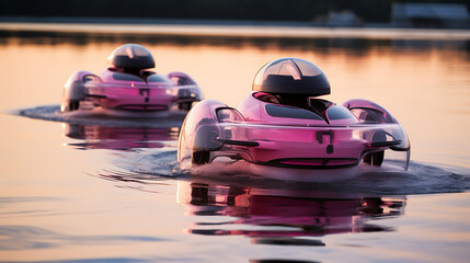 A pink remote-controlled hovercraft race on water. - obrazy, fototapety, plakaty