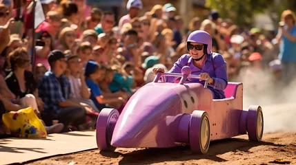 Afwasbaar fotobehang A purple soapbox derby car racing down a hill. © Muhammad