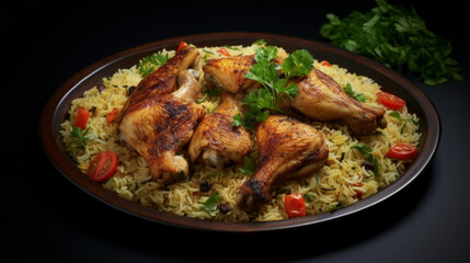 Fototapeta premium A plate of Kuwaiti machboos, a flavorful rice dish with chicken or fish, commonly served during iftar