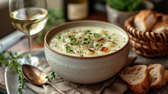 On a white table, a plate of potato soup, a glass of white wine, a rustic basket of rustic bread, beautiful serving, restaurant, and homemade food. unusual background.