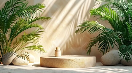 Beige background for product presentation with shadow of tropical palm leaves and light. Podium, stage pedestal platform for cosmetic product. Empty round podium. Mockup. : Generative AI