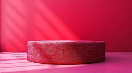 Fototapeta premium Cylinder podium covered with red cloth on viva magenta background. Premium empty fabric pedestal for product display. : Generative AI