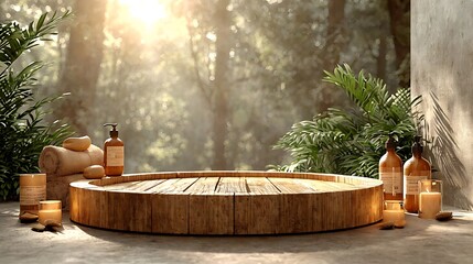 Wooden podium for bathing and spa products in defocused bathroom : Generative AI