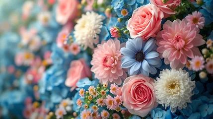 Wandcirkels plexiglas Floral natural background with blue gardenia, pink rose, white chrysanthemum close-up. Copy space, copy past, paste text : Generative AI © Generative AI