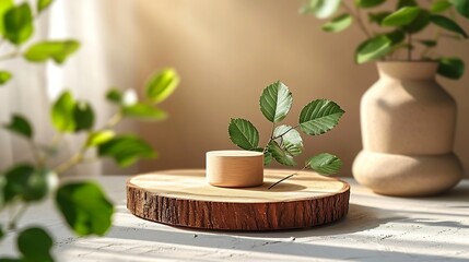 Minimal modern product display on neutral beige background. Wood slice podium and green leaves. Concept scene stage showcase for new product, promotion sale, banner, presentation, cosm : Generative AI