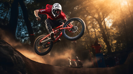 A red bicycle motocross (BMX) rider in a park.