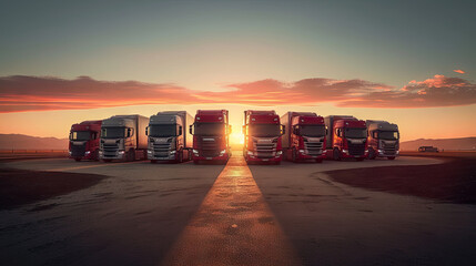  Parked trucks in front of bright sunrise or sunset
