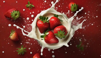strawberries with cream on a red background