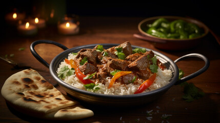 Fototapeta premium A hearty bowl of lamb and vegetable curry, served with fluffy basmati rice and warm naan bread