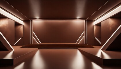empty geometrical room in chocolate colors with beautiful lighting futuristic background for product presentation