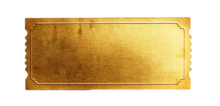 blank golden ticket, top view, isolated, PNG