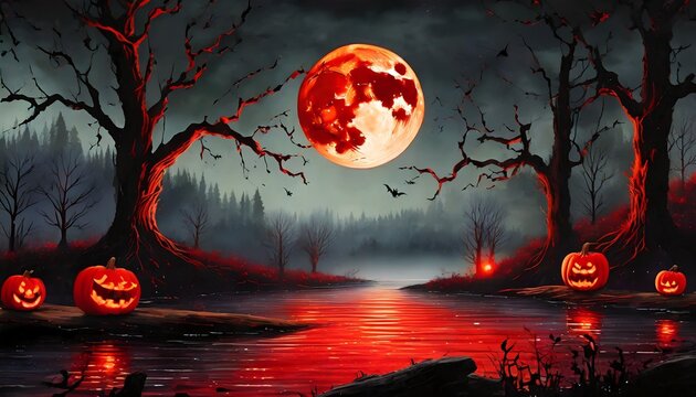 sinister halloween night scene with a red moon blood river and creepy trees 