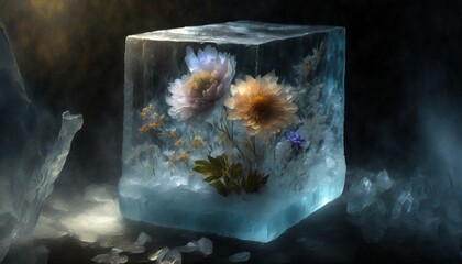a flower frozen in an ice cube,