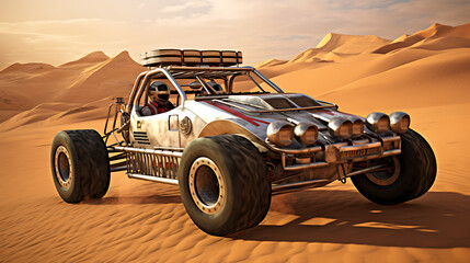 A silver dune buggy in a desert rally. - obrazy, fototapety, plakaty