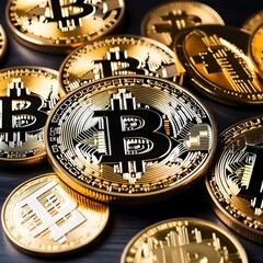 Fototapeta na wymiar Golden Bitcoin Coins Displayed, Symbolizing Cryptocurrency Wealth