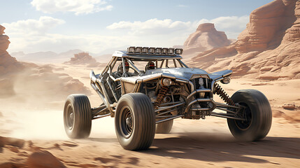 A silver dune buggy in a desert rally. - obrazy, fototapety, plakaty