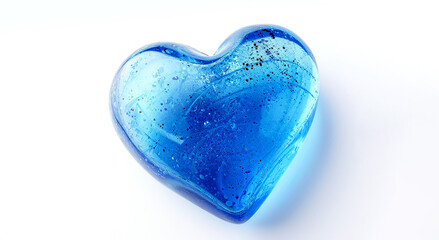 blue glass heart, top view, white background.