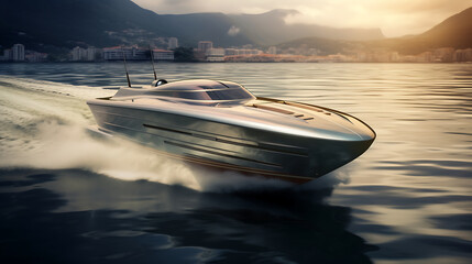 A sleek silver speedboat in a water race. - obrazy, fototapety, plakaty
