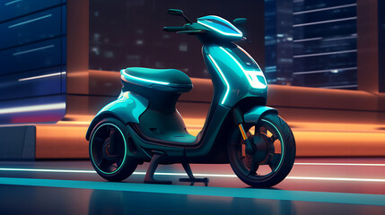 A teal autonomous electric scooter race in a futuristic city. - obrazy, fototapety, plakaty
