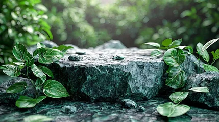 Poster stone green podium or rock dais stage and nature green leaves. elegant green podium mock-up stand product scene green nature background. 3d podium stage illustration render tropical st : Generative AI © Generative AI
