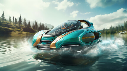 A teal hovercraft racing on both land and water. - obrazy, fototapety, plakaty