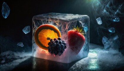fruit frozen in an ice cube suitable as a background or cover