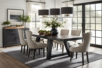 modern minimalist dining room with hanging lamp in farmhouse black and white style