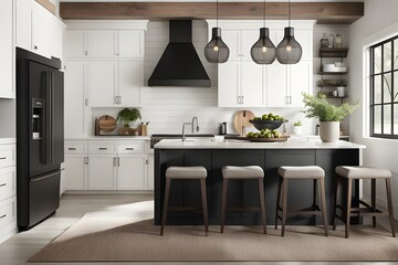 modern minimalist kitchen room with hanging lamp in farmhouse black and white style