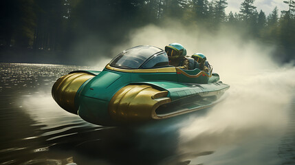A teal hovercraft racing on both land and water. - obrazy, fototapety, plakaty