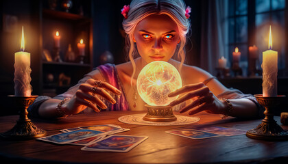 A beautiful mysterious fortune teller with piercing eyes predicts fate on a magic ball