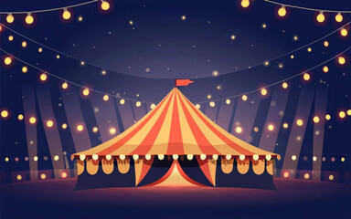 Big Top Circus Tents With Banner/ Illustration of cartoon white and red big top circus tents background with marquee or banner on a blue sky background A Circus Card for Your Advertising. illustration