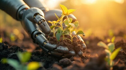 Environmental technology concept, Robot hand holding small plants, Artificial Intelligence and Technology ecology, Green technology and Environmental technology, AI, generative ai