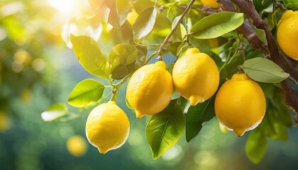 vibrant ripe lemon citrus fruits on a branch and sunny green leaves outdoor nature background