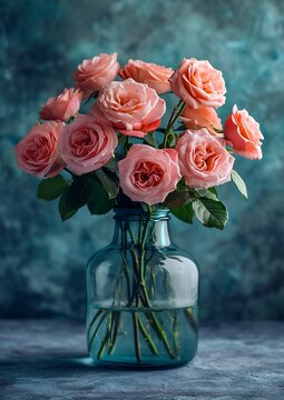 Rose White Pink O'hara. Rose White Pink O'hara. Bouquet of pink roses are in a glass vase. Copy space : Generative AI
