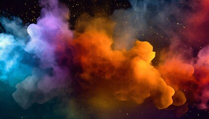 Fototapeta na wymiar colorful clouds of smoke and shiny dust on dark background