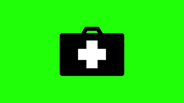 Black medicine bottle with white cross and a single drop animated on green background.