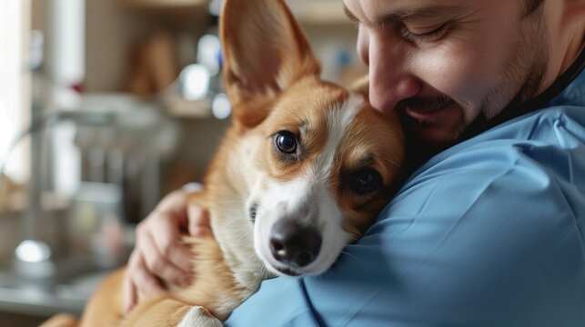 Friendly man vet in blue uniform cuddling, embracing pembroke welsh corgi dog, doctor carrying and playing with little dog after treatment, generative ai