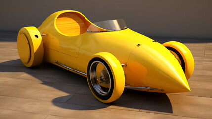 A yellow soapbox derby car in a gravity race. - obrazy, fototapety, plakaty