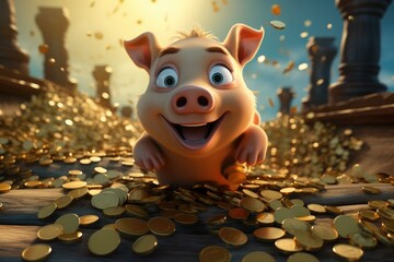 Prosperous Piglet in a Shower of Gold Coins. Cartoon style illustration